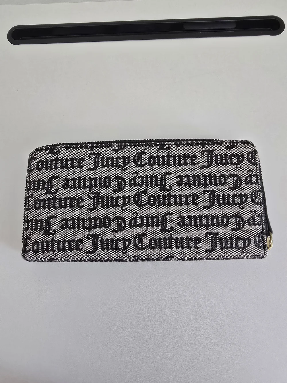 Juicy Couture Black and White Logo Zip-Around Wallet with Gold Heart Detail